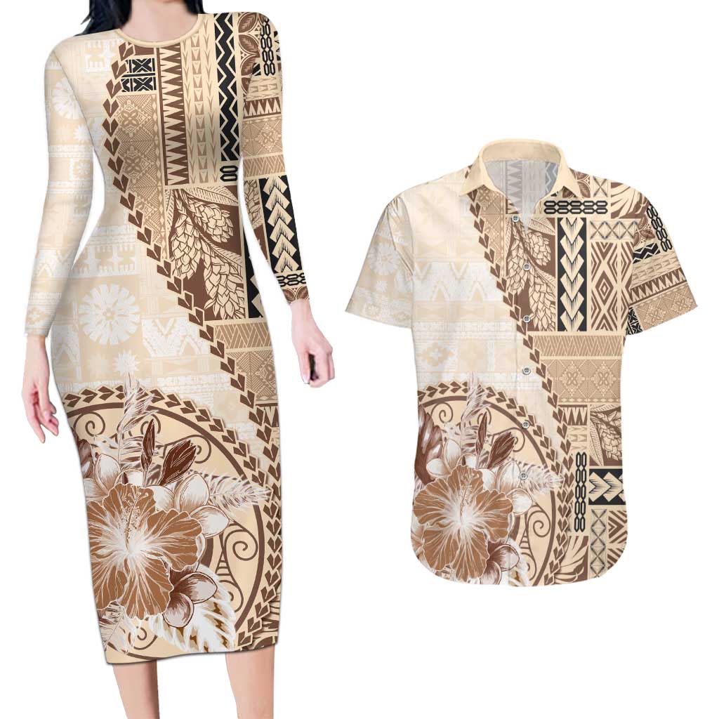 Samoa Siapo Elegant Couples Matching Long Sleeve Bodycon Dress and Hawaiian Shirt Hibiscus Beige Motifs - Polynesian Pride
