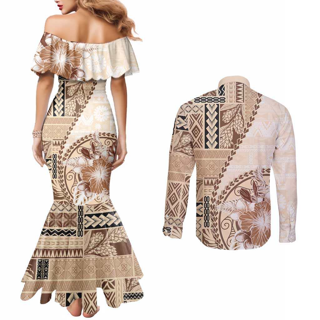 Samoa Siapo Elegant Couples Matching Mermaid Dress and Long Sleeve Button Shirt Hibiscus Beige Motifs - Polynesian Pride