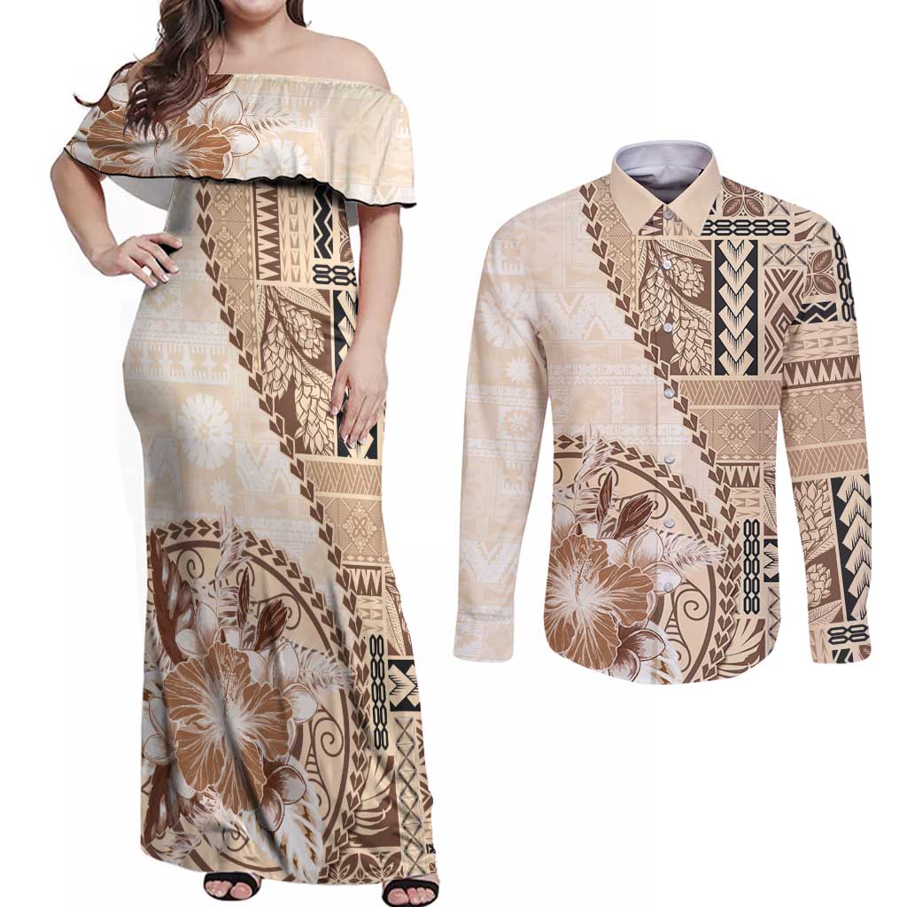 Samoa Siapo Elegant Couples Matching Off Shoulder Maxi Dress and Long Sleeve Button Shirt Hibiscus Beige Motifs LT05 Beige - Polynesian Pride