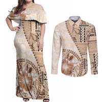 Samoa Siapo Elegant Couples Matching Off Shoulder Maxi Dress and Long Sleeve Button Shirt Hibiscus Beige Motifs LT05 Beige - Polynesian Pride