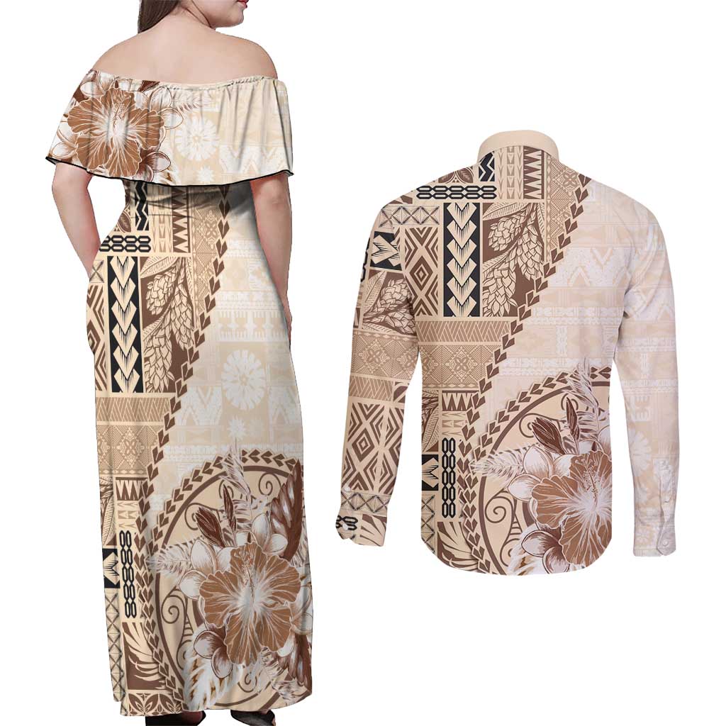 Samoa Siapo Elegant Couples Matching Off Shoulder Maxi Dress and Long Sleeve Button Shirt Hibiscus Beige Motifs LT05 - Polynesian Pride