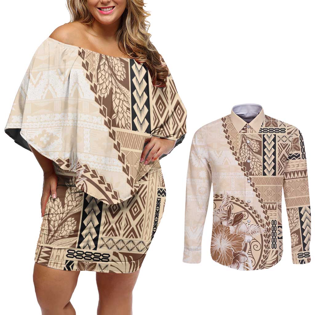 Samoa Siapo Elegant Couples Matching Off Shoulder Short Dress and Long Sleeve Button Shirt Hibiscus Beige Motifs LT05 Beige - Polynesian Pride