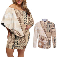 Samoa Siapo Elegant Couples Matching Off Shoulder Short Dress and Long Sleeve Button Shirt Hibiscus Beige Motifs LT05 Beige - Polynesian Pride