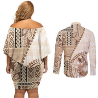 Samoa Siapo Elegant Couples Matching Off Shoulder Short Dress and Long Sleeve Button Shirt Hibiscus Beige Motifs LT05 - Polynesian Pride
