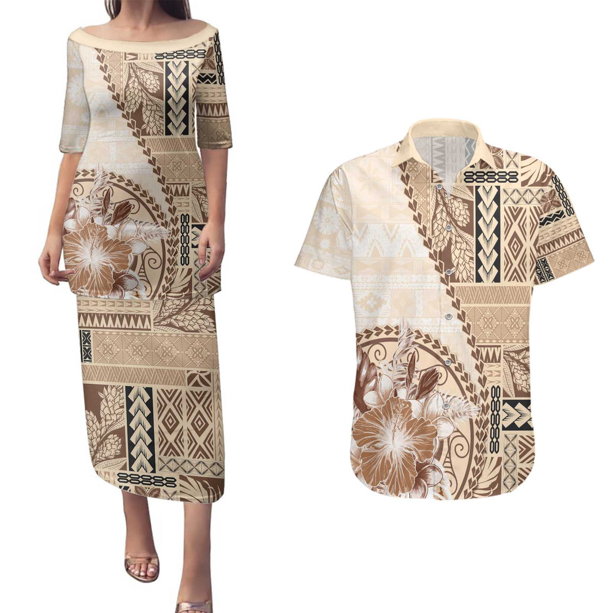 Samoa Siapo Elegant Couples Matching Puletasi and Hawaiian Shirt Hibiscus Beige Motifs - Polynesian Pride