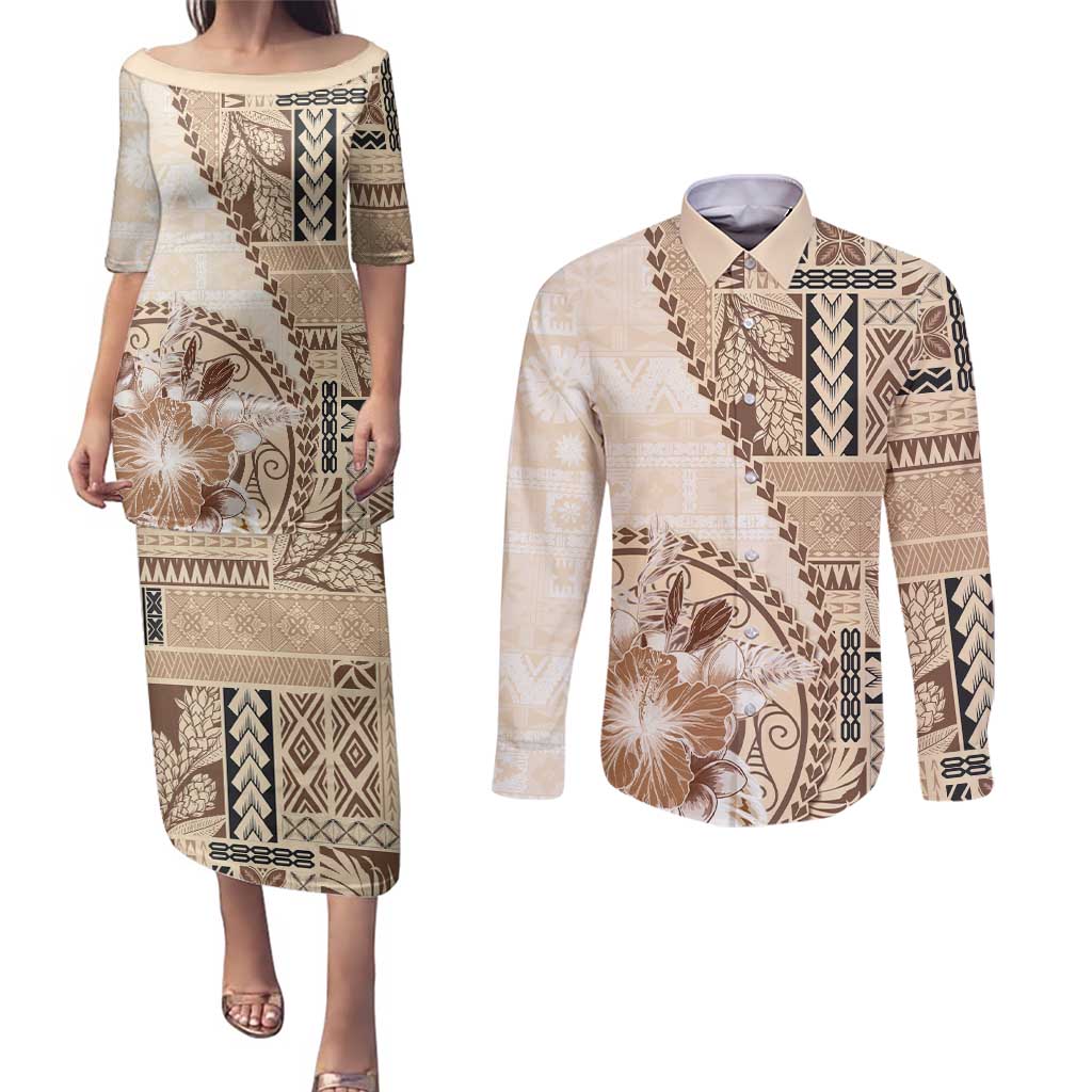 Samoa Siapo Elegant Couples Matching Puletasi and Long Sleeve Button Shirt Hibiscus Beige Motifs LT05 Beige - Polynesian Pride