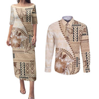 Samoa Siapo Elegant Couples Matching Puletasi and Long Sleeve Button Shirt Hibiscus Beige Motifs LT05 Beige - Polynesian Pride