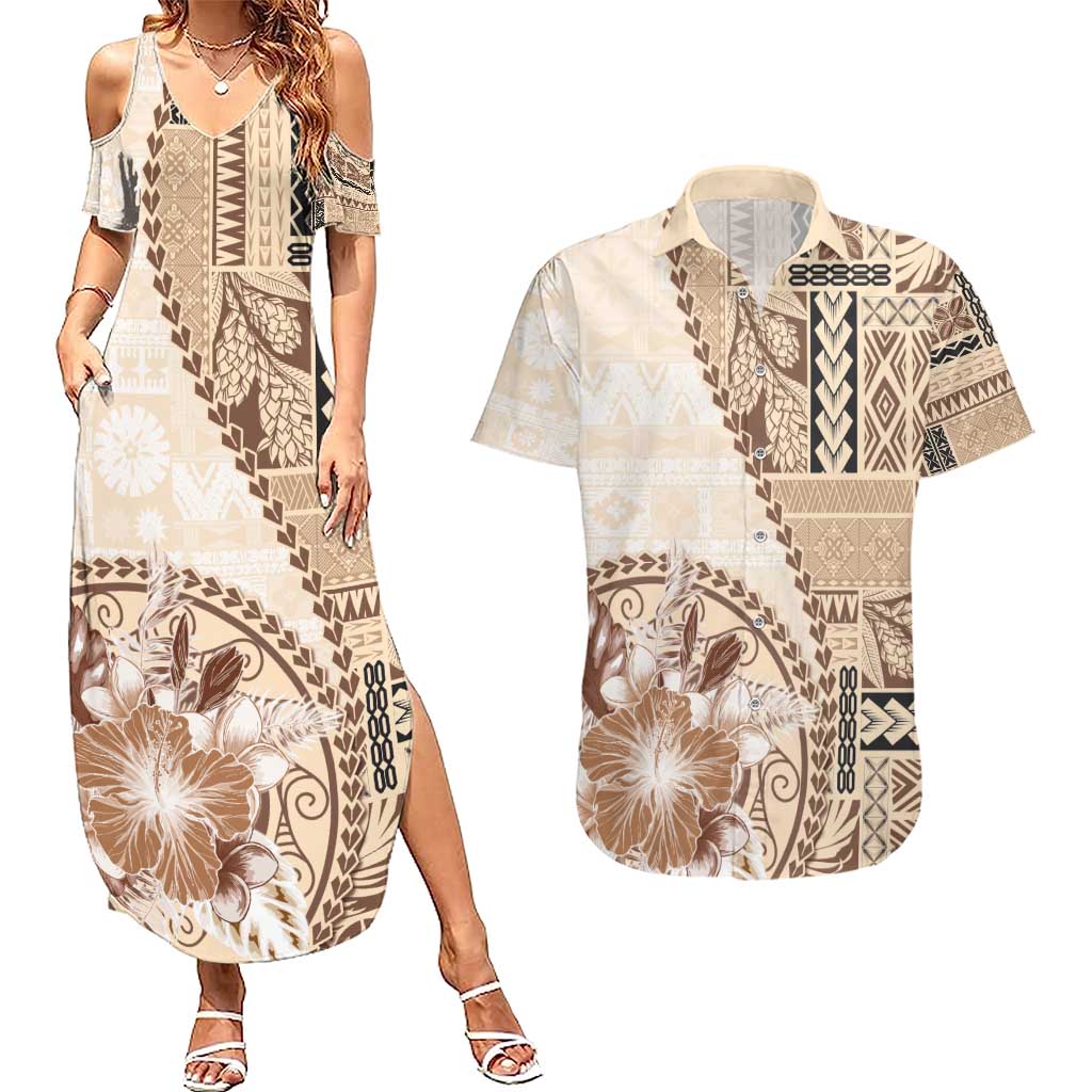 Samoa Siapo Elegant Couples Matching Summer Maxi Dress and Hawaiian Shirt Hibiscus Beige Motifs - Polynesian Pride