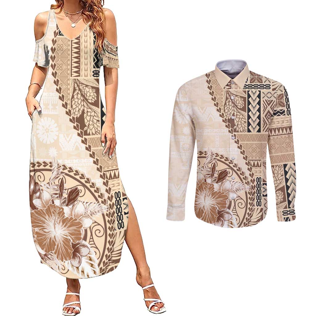 Samoa Siapo Elegant Couples Matching Summer Maxi Dress and Long Sleeve Button Shirt Hibiscus Beige Motifs LT05 Beige - Polynesian Pride