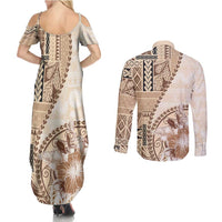 Samoa Siapo Elegant Couples Matching Summer Maxi Dress and Long Sleeve Button Shirt Hibiscus Beige Motifs LT05 - Polynesian Pride