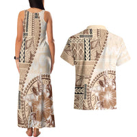 Samoa Siapo Elegant Couples Matching Tank Maxi Dress and Hawaiian Shirt Hibiscus Beige Motifs - Polynesian Pride