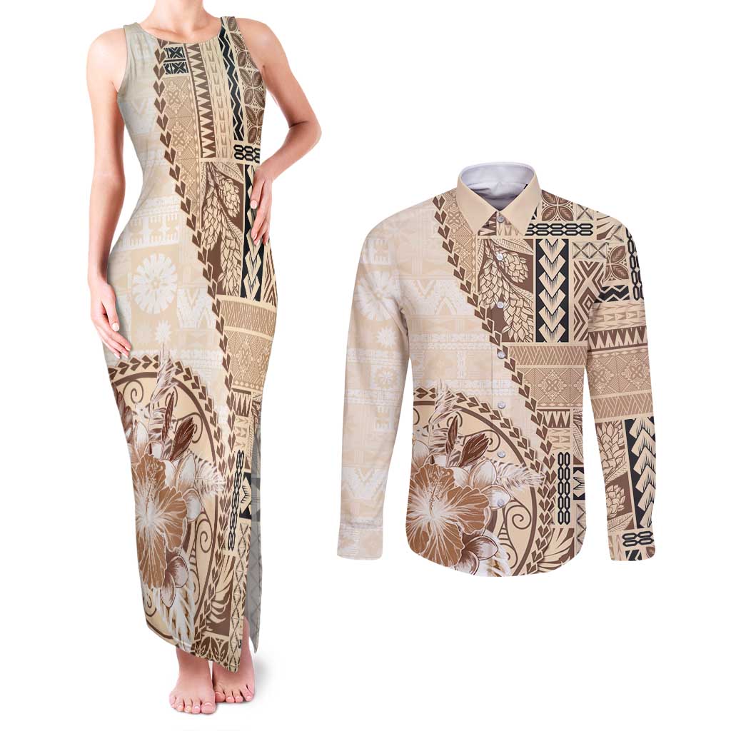 Samoa Siapo Elegant Couples Matching Tank Maxi Dress and Long Sleeve Button Shirt Hibiscus Beige Motifs LT05 Beige - Polynesian Pride