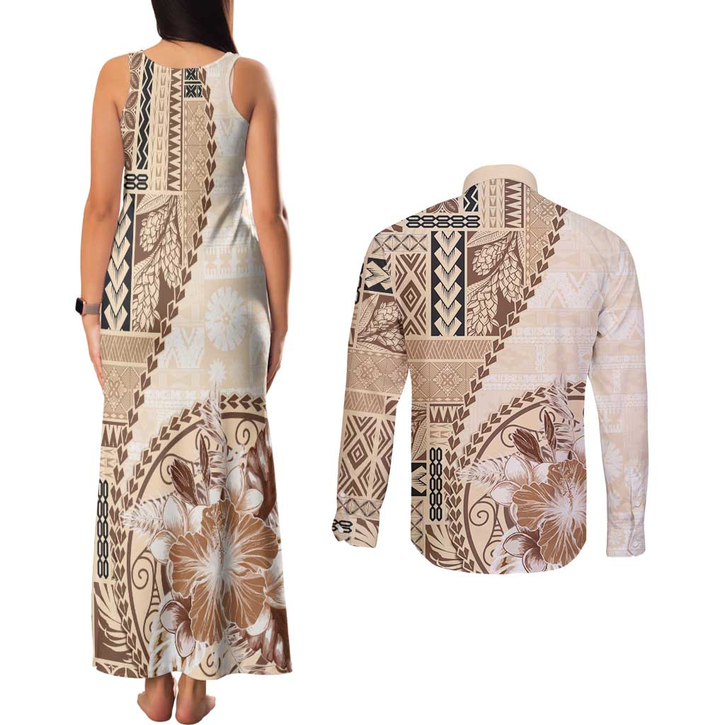 Samoa Siapo Elegant Couples Matching Tank Maxi Dress and Long Sleeve Button Shirt Hibiscus Beige Motifs LT05 - Polynesian Pride