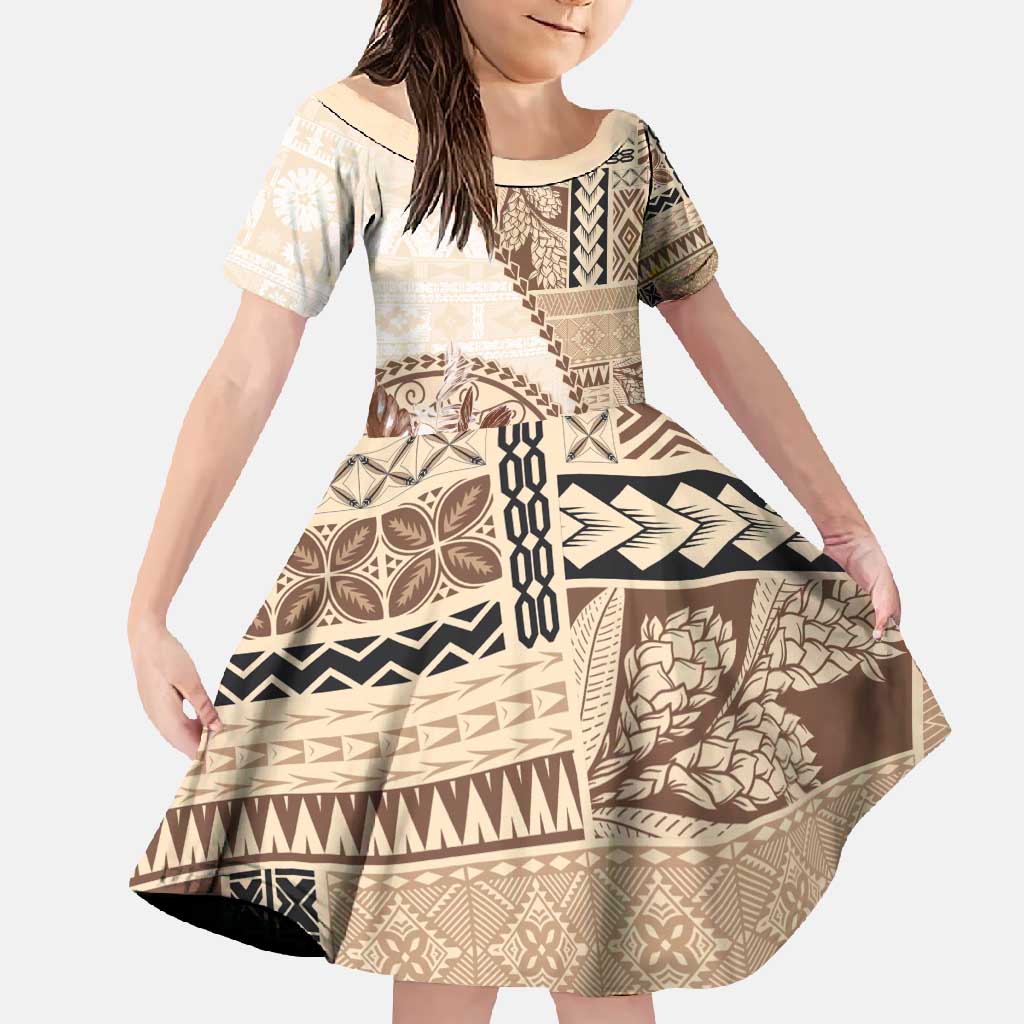 Samoa Siapo Elegant Family Matching Long Sleeve Bodycon Dress and Hawaiian Shirt Hibiscus Beige Motifs - Polynesian Pride