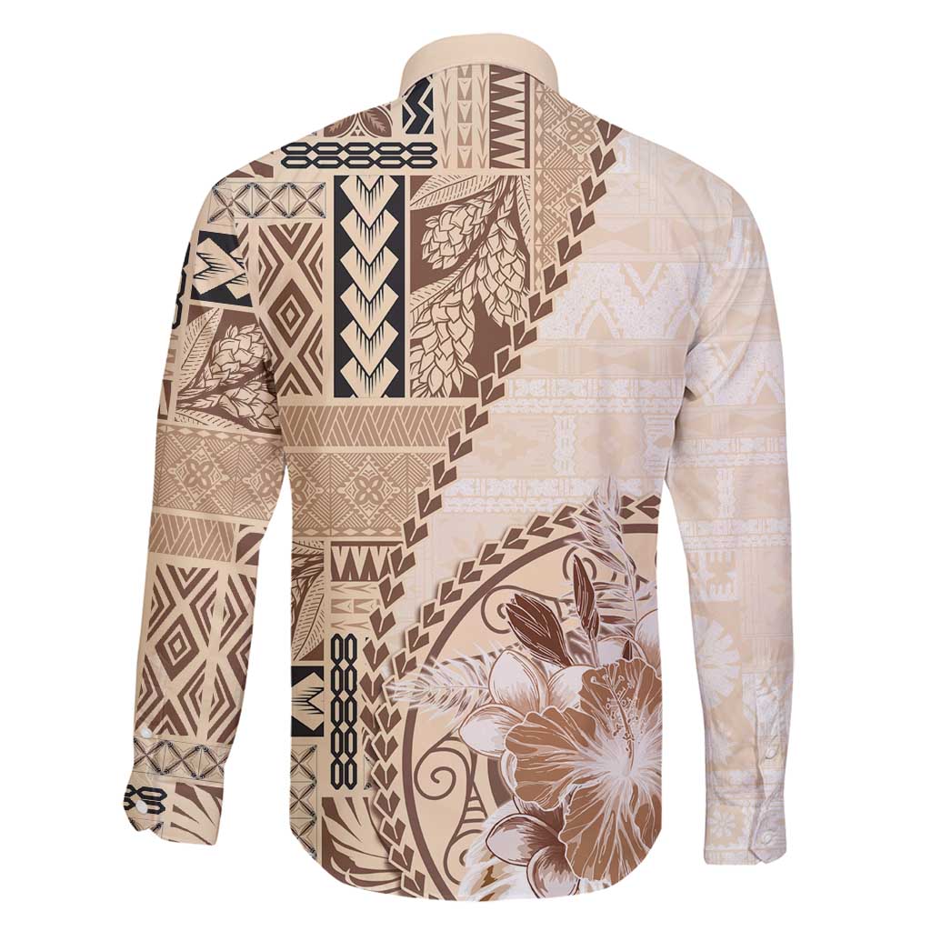 Samoa Siapo Elegant Family Matching Long Sleeve Bodycon Dress and Hawaiian Shirt Hibiscus Beige Motifs - Polynesian Pride
