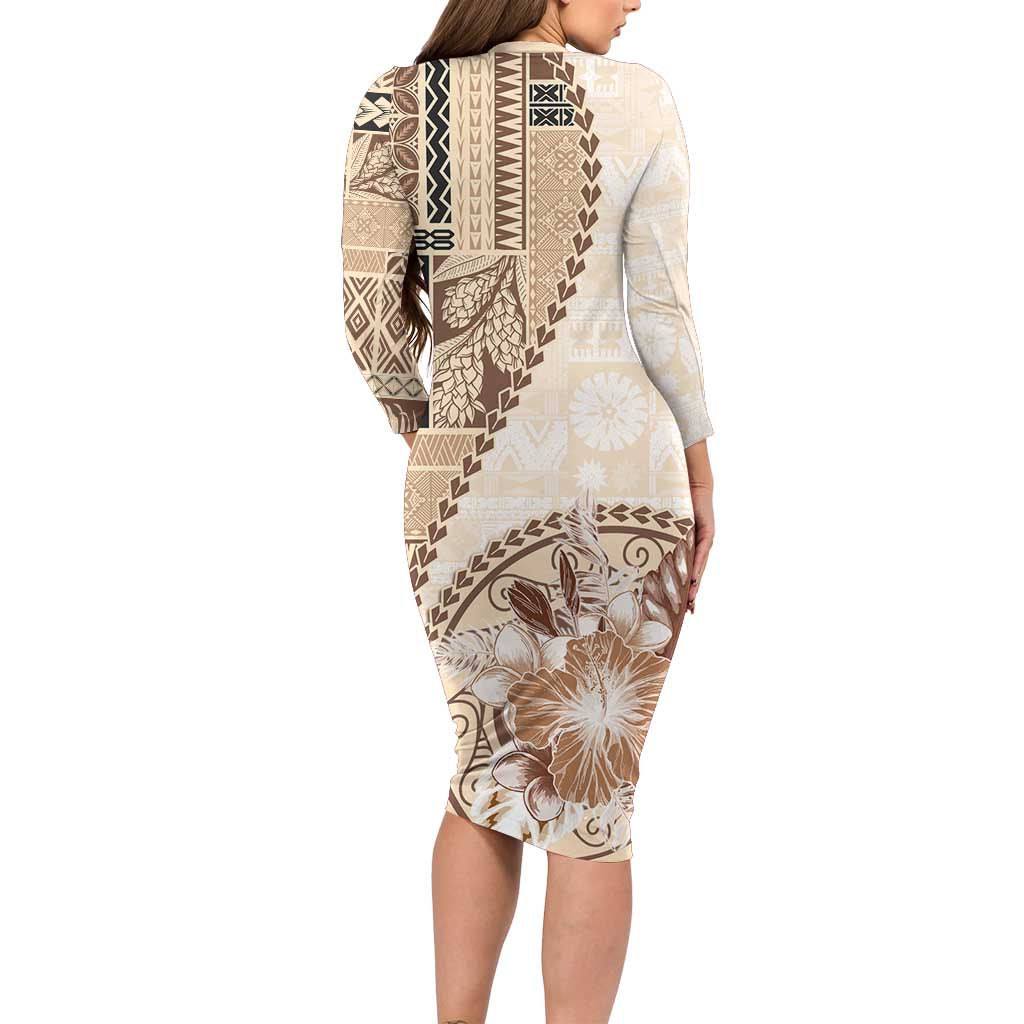 Samoa Siapo Elegant Family Matching Long Sleeve Bodycon Dress and Hawaiian Shirt Hibiscus Beige Motifs - Polynesian Pride