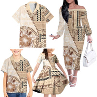 Samoa Siapo Elegant Family Matching Off The Shoulder Long Sleeve Dress and Hawaiian Shirt Hibiscus Beige Motifs - Polynesian Pride