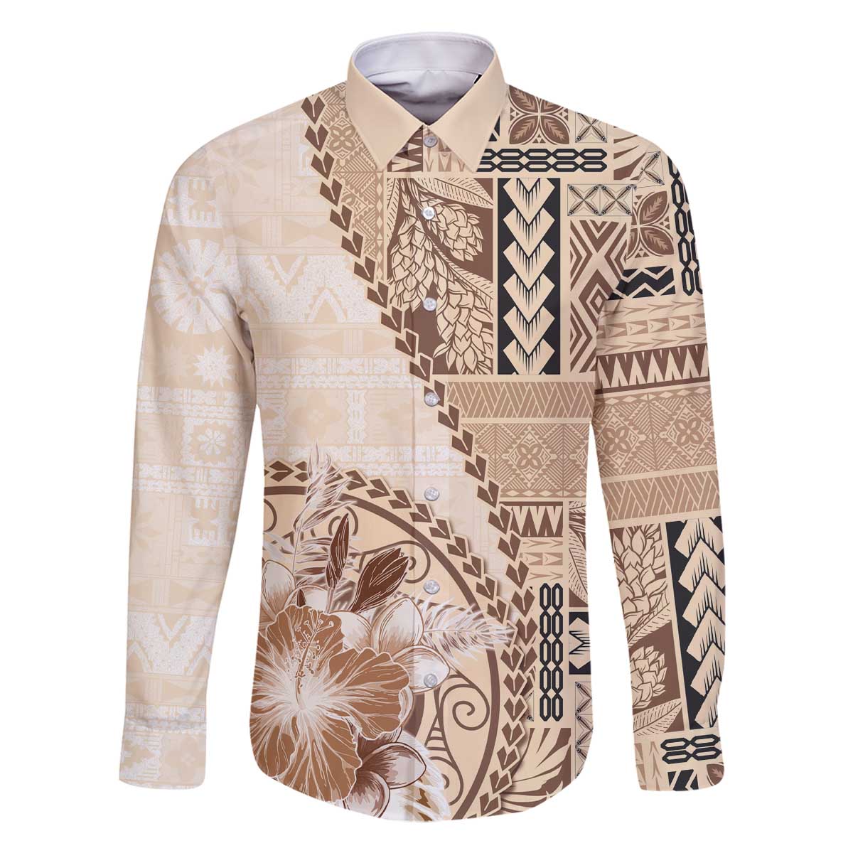Samoa Siapo Elegant Family Matching Off The Shoulder Long Sleeve Dress and Hawaiian Shirt Hibiscus Beige Motifs - Polynesian Pride