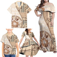 Samoa Siapo Elegant Family Matching Off Shoulder Maxi Dress and Hawaiian Shirt Hibiscus Beige Motifs - Polynesian Pride