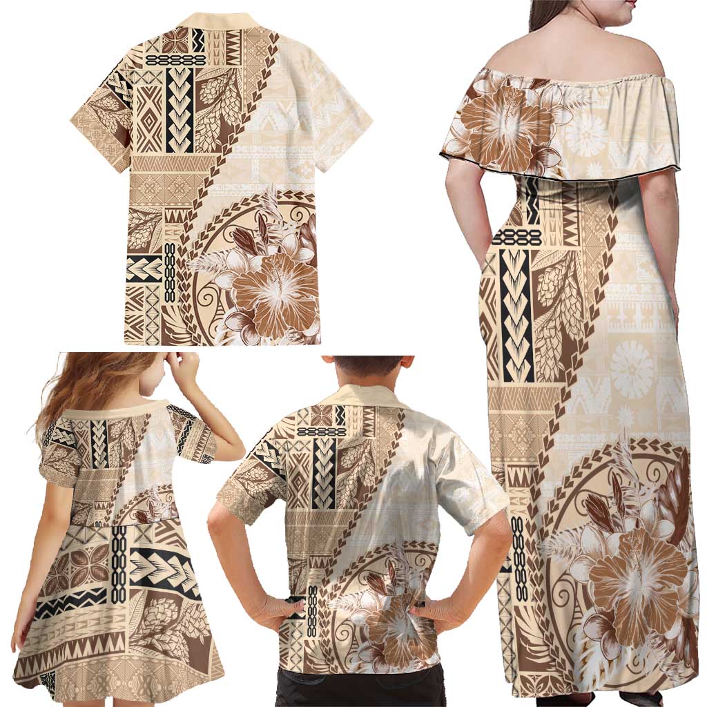 Samoa Siapo Elegant Family Matching Off Shoulder Maxi Dress and Hawaiian Shirt Hibiscus Beige Motifs - Polynesian Pride