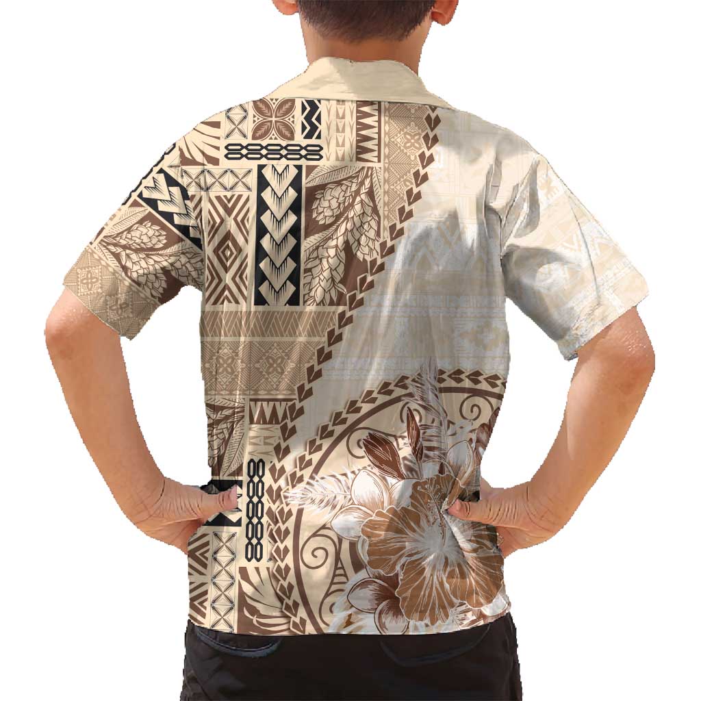 Samoa Siapo Elegant Family Matching Off Shoulder Short Dress and Hawaiian Shirt Hibiscus Beige Motifs - Polynesian Pride
