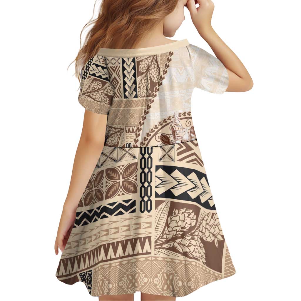 Samoa Siapo Elegant Family Matching Off Shoulder Short Dress and Hawaiian Shirt Hibiscus Beige Motifs - Polynesian Pride