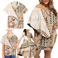 Samoa Siapo Elegant Family Matching Off Shoulder Short Dress and Hawaiian Shirt Hibiscus Beige Motifs - Polynesian Pride