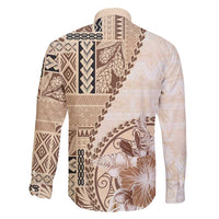 Samoa Siapo Elegant Family Matching Off Shoulder Short Dress and Hawaiian Shirt Hibiscus Beige Motifs - Polynesian Pride