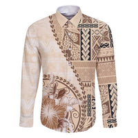 Samoa Siapo Elegant Family Matching Puletasi and Hawaiian Shirt Hibiscus Beige Motifs - Polynesian Pride
