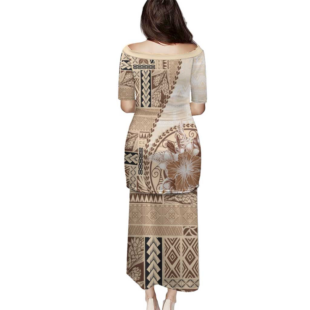 Samoa Siapo Elegant Family Matching Puletasi and Hawaiian Shirt Hibiscus Beige Motifs - Polynesian Pride