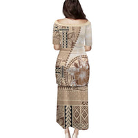 Samoa Siapo Elegant Family Matching Puletasi and Hawaiian Shirt Hibiscus Beige Motifs - Polynesian Pride