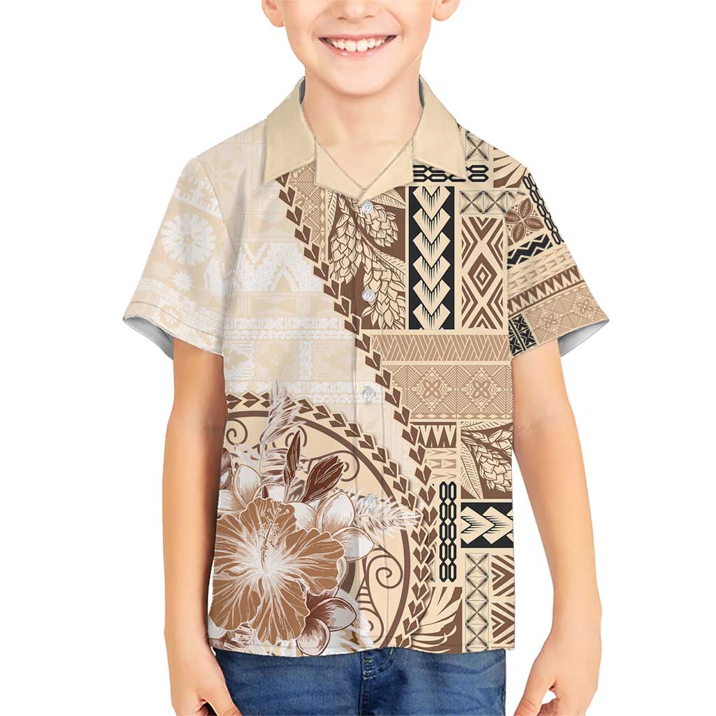 Samoa Siapo Elegant Family Matching Short Sleeve Bodycon Dress and Hawaiian Shirt Hibiscus Beige Motifs - Polynesian Pride