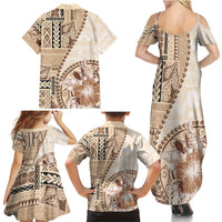 Samoa Siapo Elegant Family Matching Summer Maxi Dress and Hawaiian Shirt Hibiscus Beige Motifs - Polynesian Pride