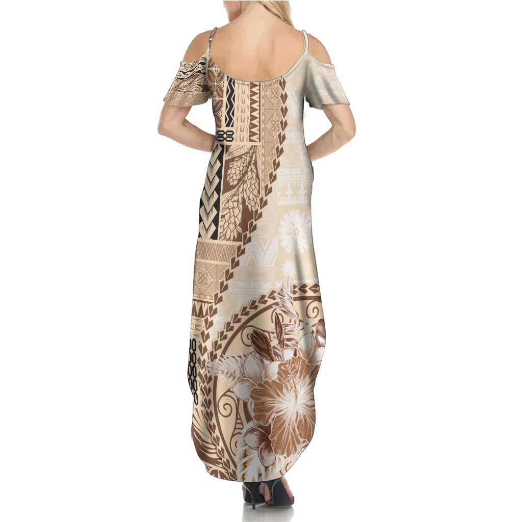 Samoa Siapo Elegant Family Matching Summer Maxi Dress and Hawaiian Shirt Hibiscus Beige Motifs - Polynesian Pride