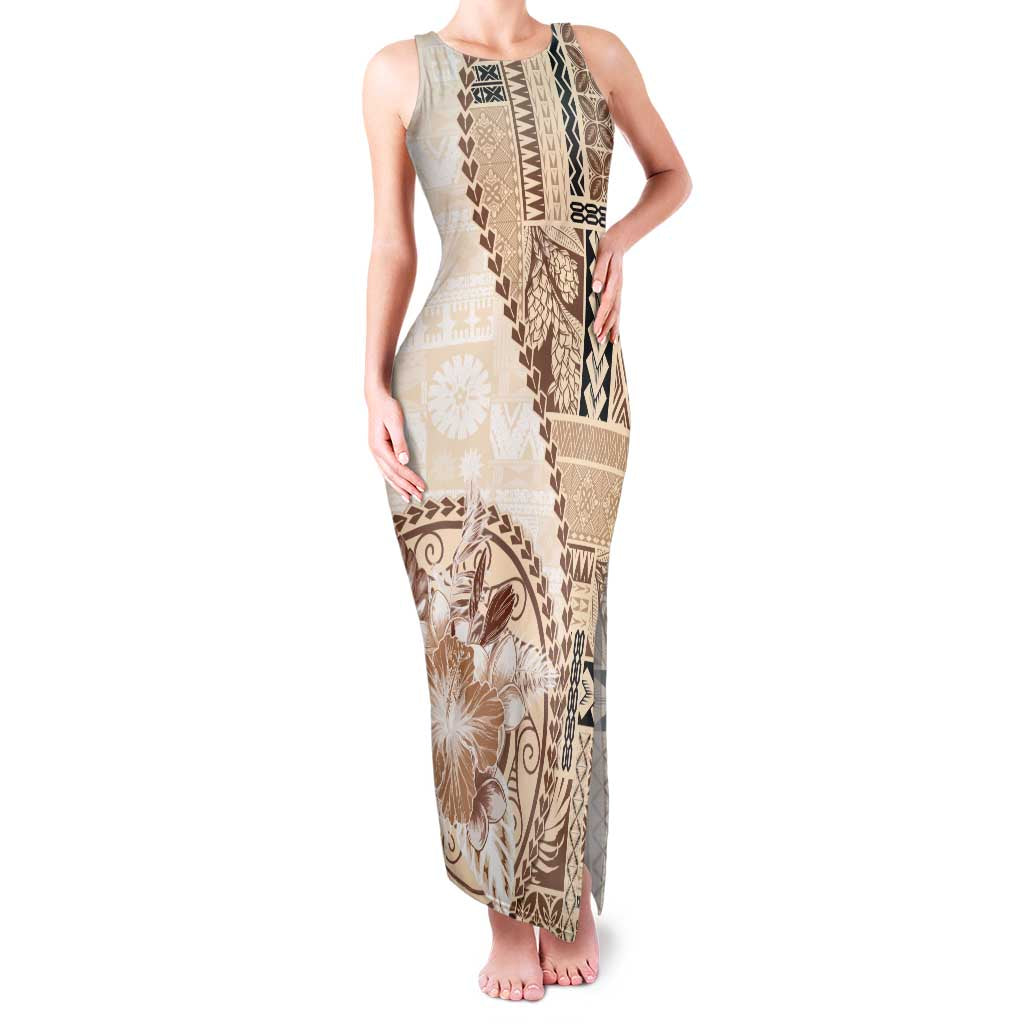 Samoa Siapo Elegant Family Matching Tank Maxi Dress and Hawaiian Shirt Hibiscus Beige Motifs - Polynesian Pride