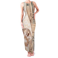 Samoa Siapo Elegant Family Matching Tank Maxi Dress and Hawaiian Shirt Hibiscus Beige Motifs - Polynesian Pride