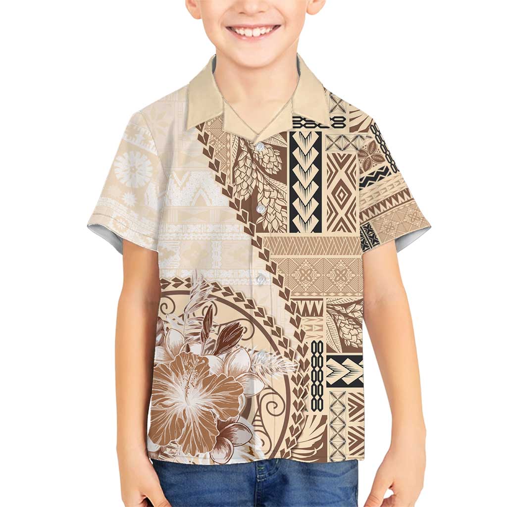 Samoa Siapo Elegant Family Matching Tank Maxi Dress and Hawaiian Shirt Hibiscus Beige Motifs - Polynesian Pride