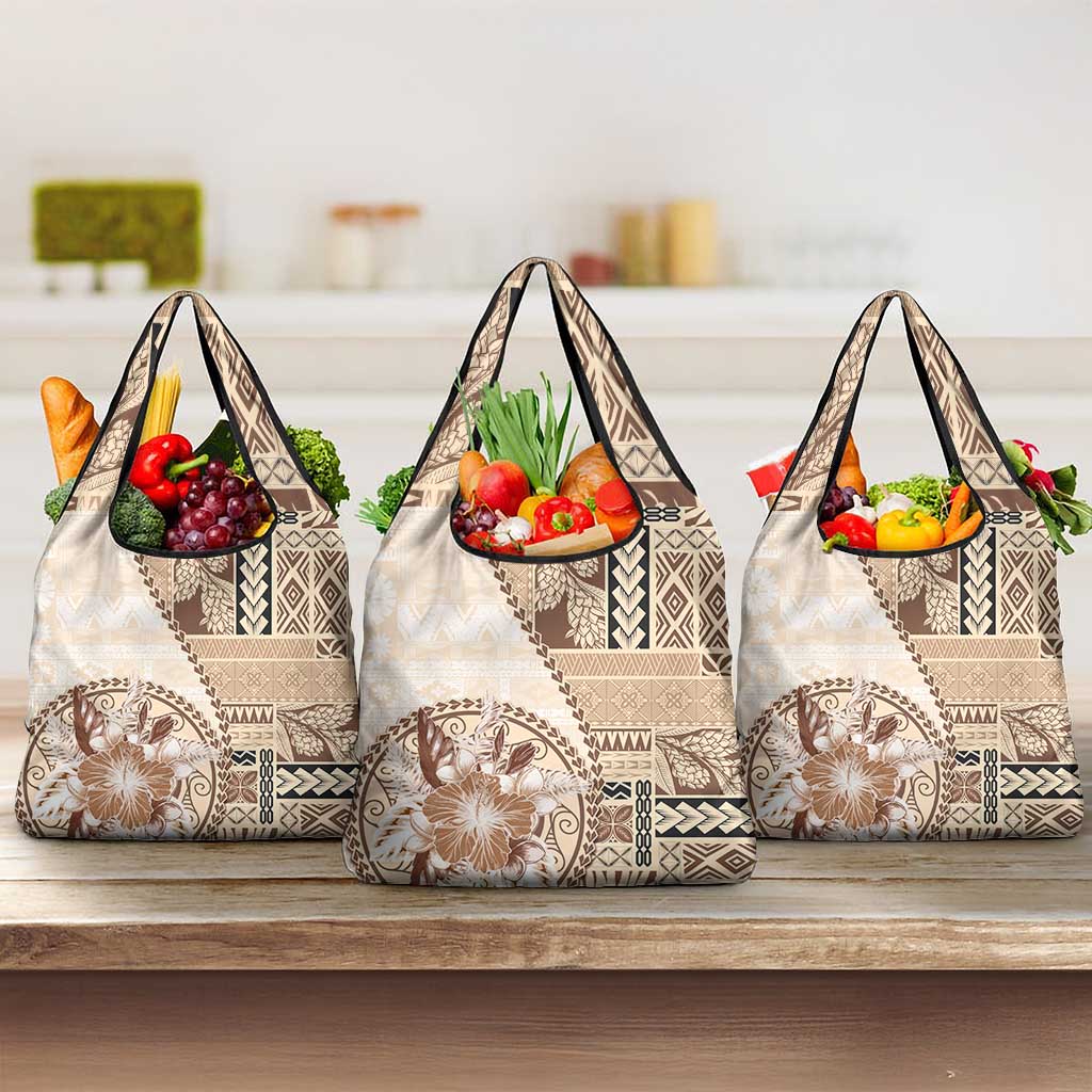 Samoa Siapo Elegant Grocery Bag Hibiscus Beige Motifs LT05 3-pack One Size Beige - Polynesian Pride