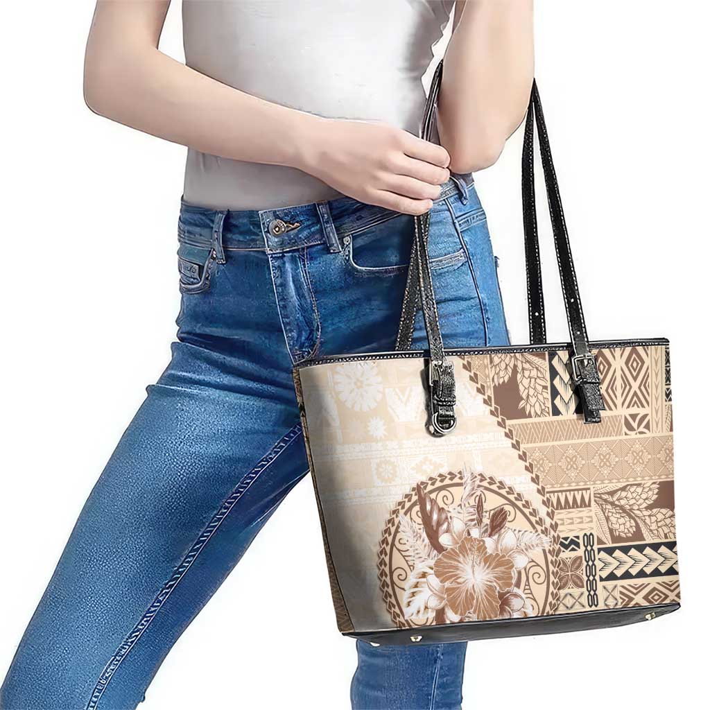 Samoa Siapo Elegant Leather Tote Bag Hibiscus Beige Motifs - Polynesian Pride