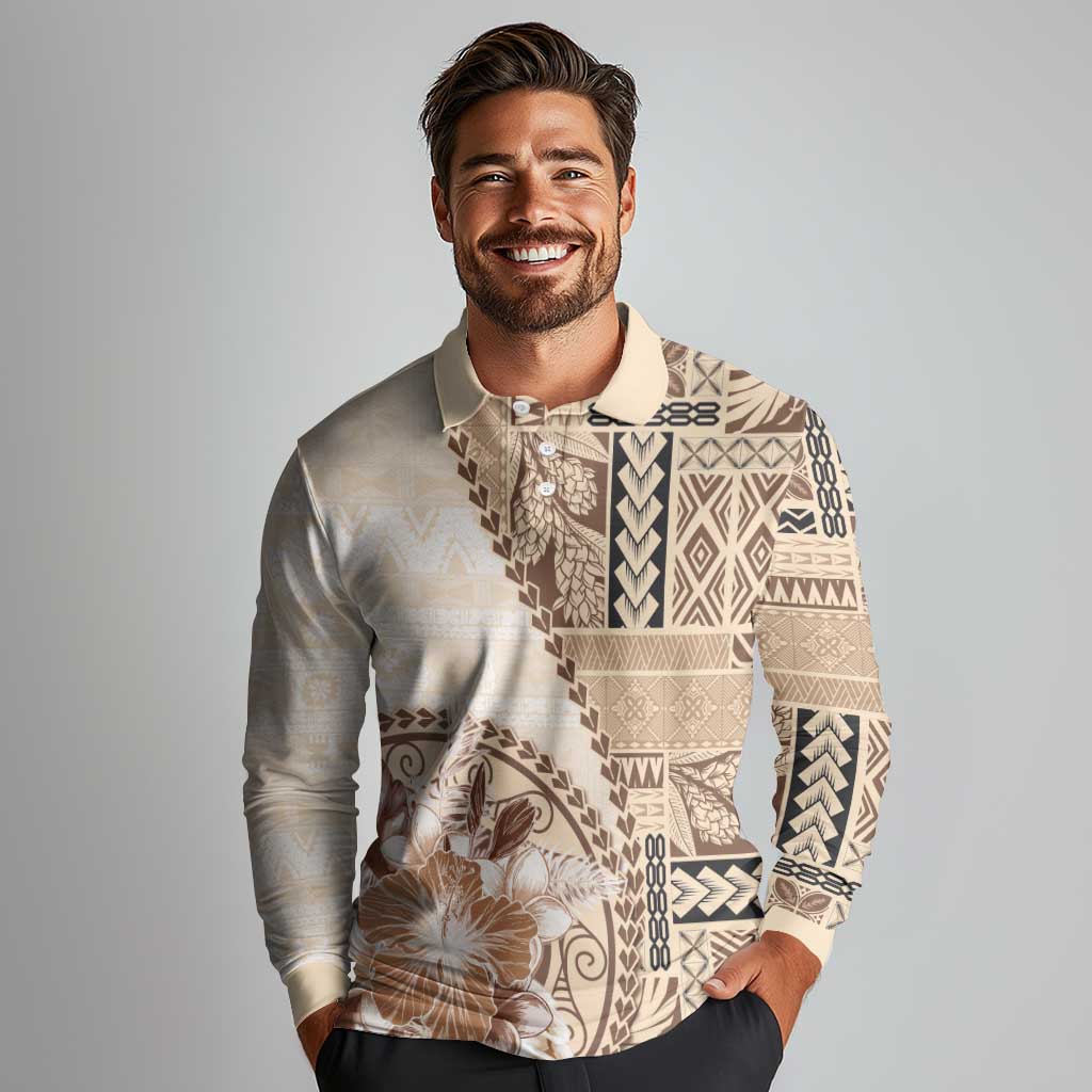 Samoa Siapo Elegant Long Sleeve Polo Shirt Hibiscus Beige Motifs - Polynesian Pride