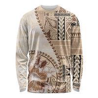 Samoa Siapo Elegant Long Sleeve Shirt Hibiscus Beige Motifs LT05 Unisex Beige - Polynesian Pride