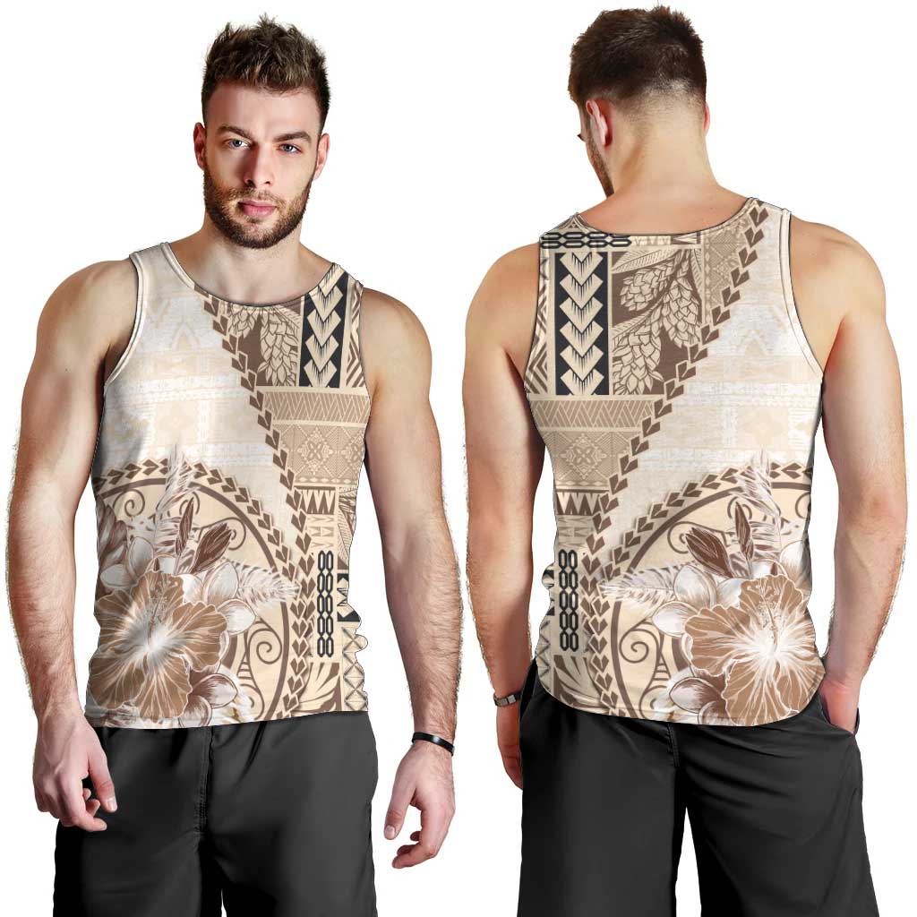 Samoa Siapo Elegant Men Tank Top Hibiscus Beige Motifs - Polynesian Pride
