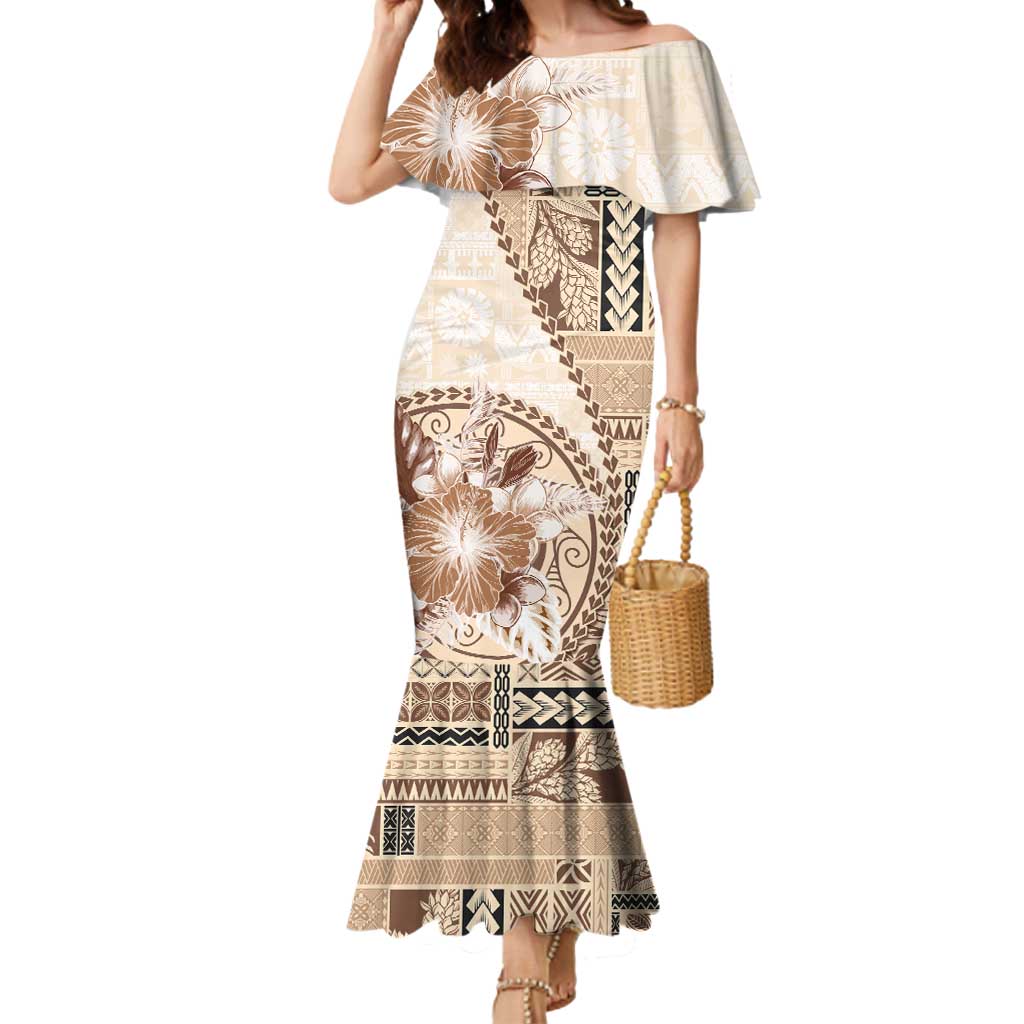 Samoa Siapo Elegant Mermaid Dress Hibiscus Beige Motifs - Polynesian Pride
