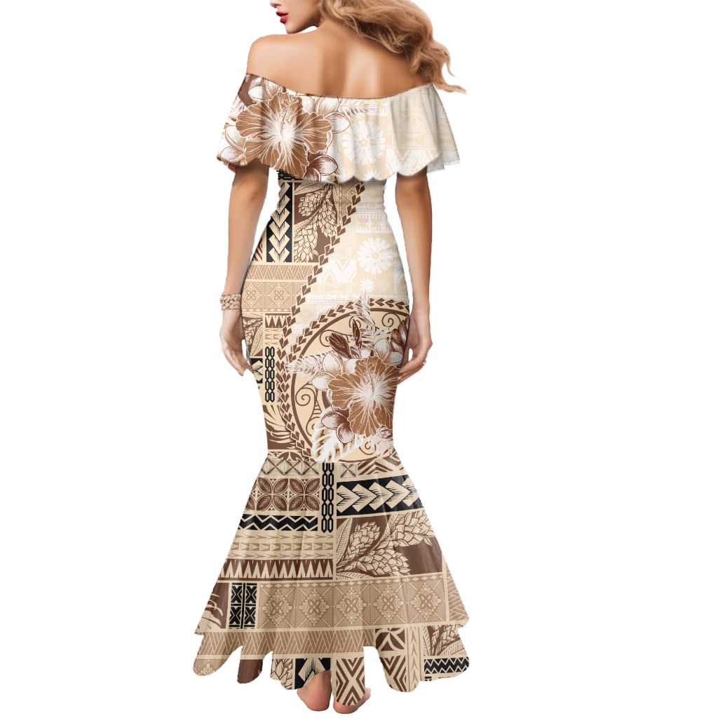 Samoa Siapo Elegant Mermaid Dress Hibiscus Beige Motifs - Polynesian Pride