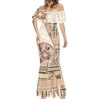 Samoa Siapo Elegant Mermaid Dress Hibiscus Beige Motifs - Polynesian Pride