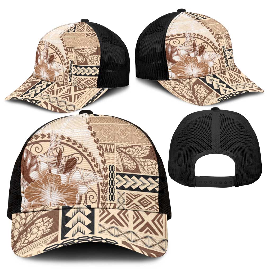 Samoa Siapo Elegant Mesh Trucker Cap Hibiscus Beige Motifs - Polynesian Pride