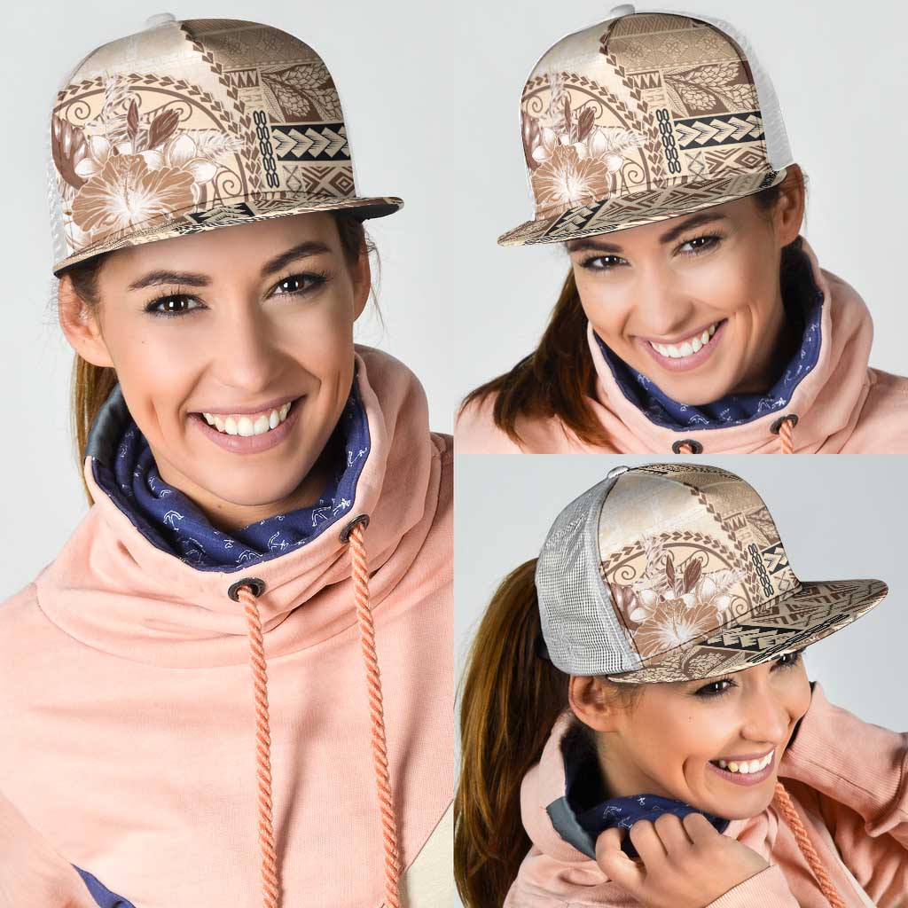 Samoa Siapo Elegant Mesh Trucker Cap Hibiscus Beige Motifs - Polynesian Pride
