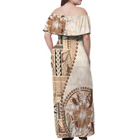 Samoa Siapo Elegant Off Shoulder Maxi Dress Hibiscus Beige Motifs - Polynesian Pride