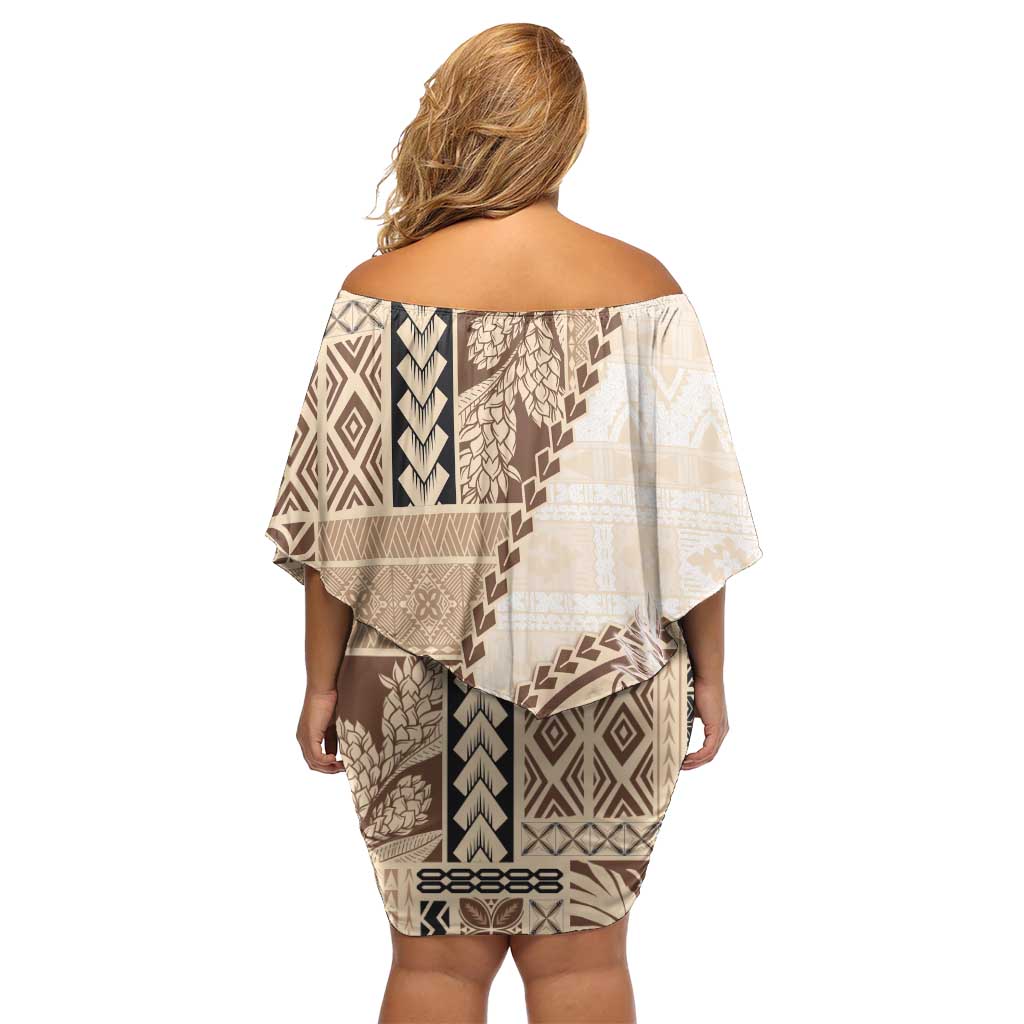Samoa Siapo Elegant Off Shoulder Short Dress Hibiscus Beige Motifs - Polynesian Pride