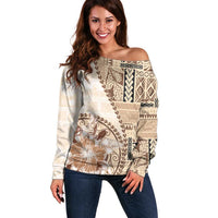Samoa Siapo Elegant Off Shoulder Sweater Hibiscus Beige Motifs - Polynesian Pride